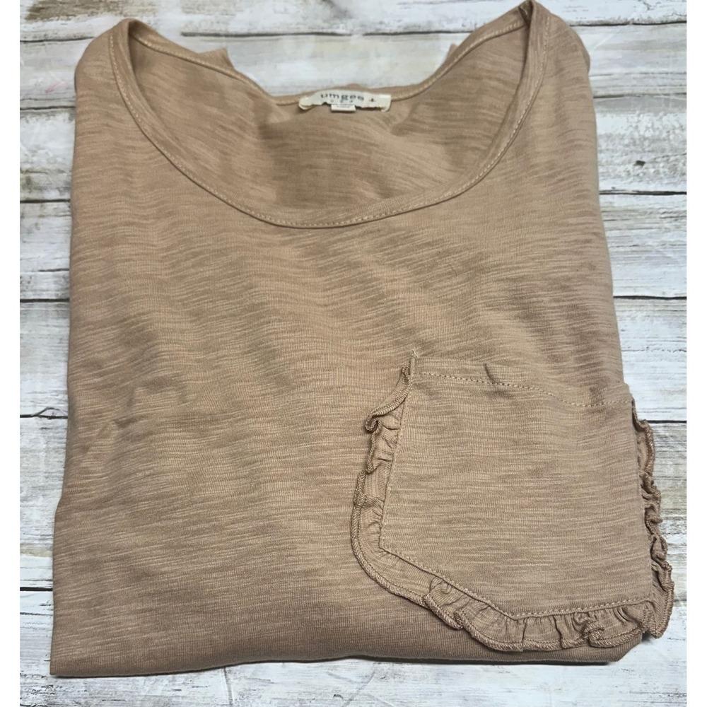 Umgee USA Womens 1XL Tan Cotton Ruffle Flutter Sleeve Pocket Top WK6470